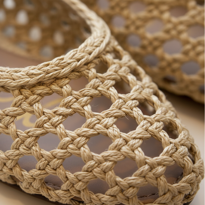 Close-up of a woven beige bag with a blurred background