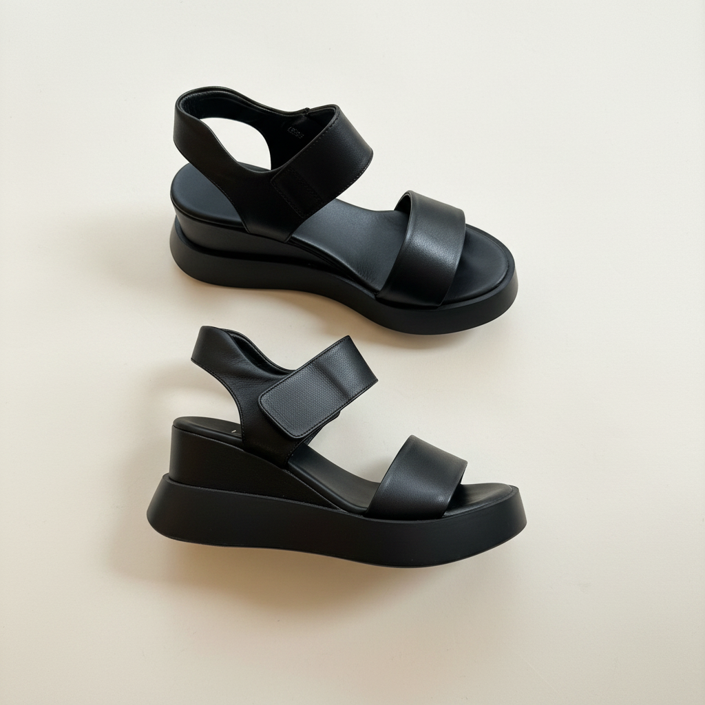 Pair of black sandals on a light beige background