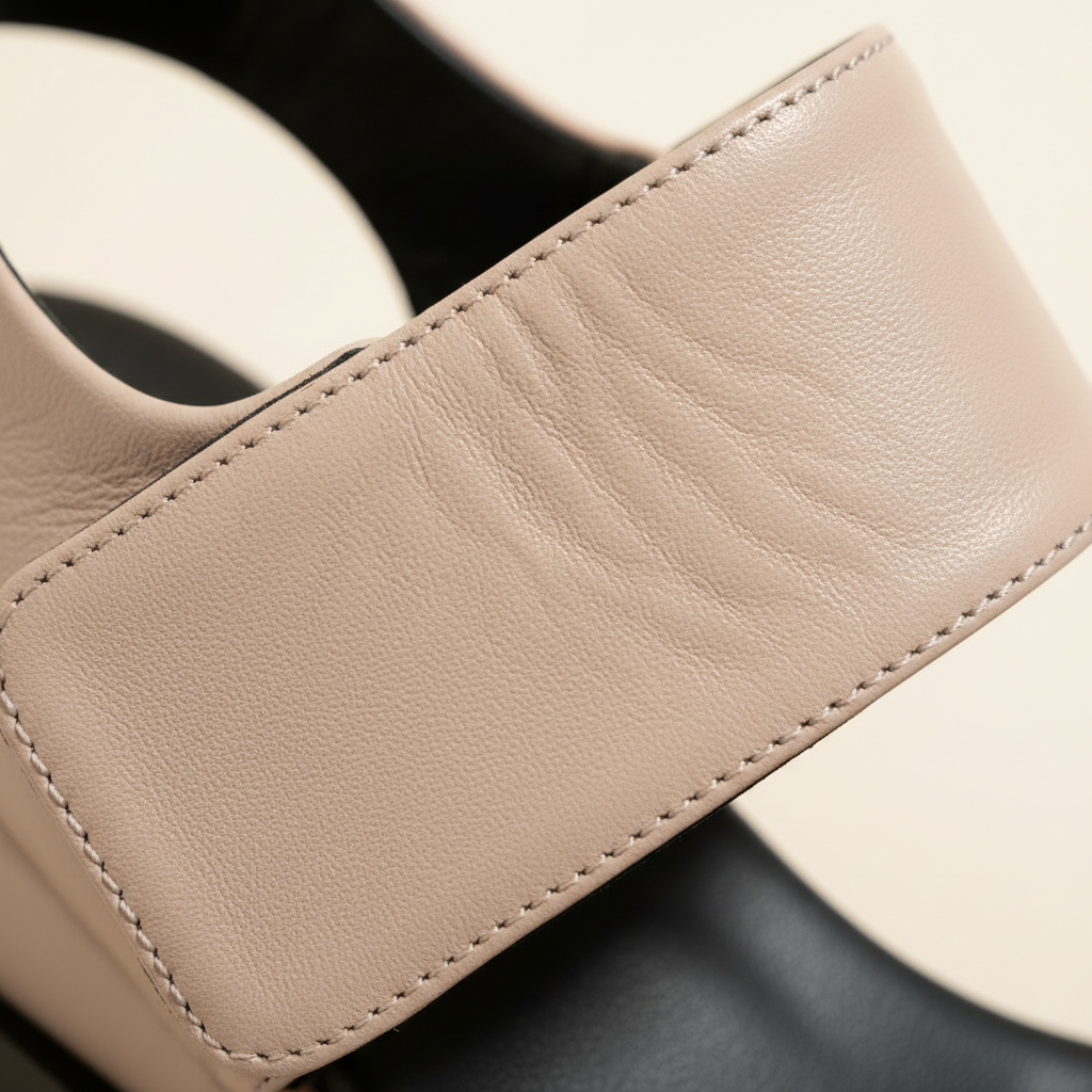 Close-up of a beige leather product with a blurred background