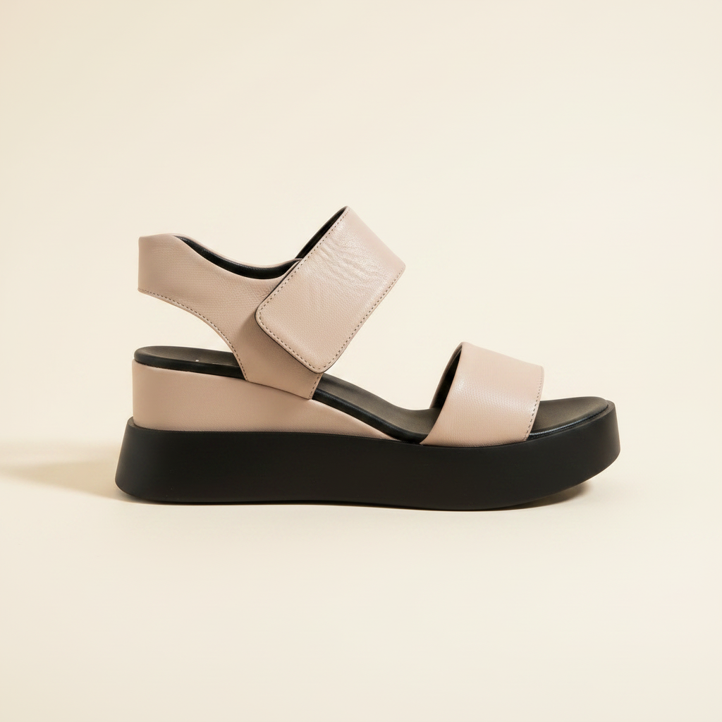 Beige sandal with black sole on a beige background