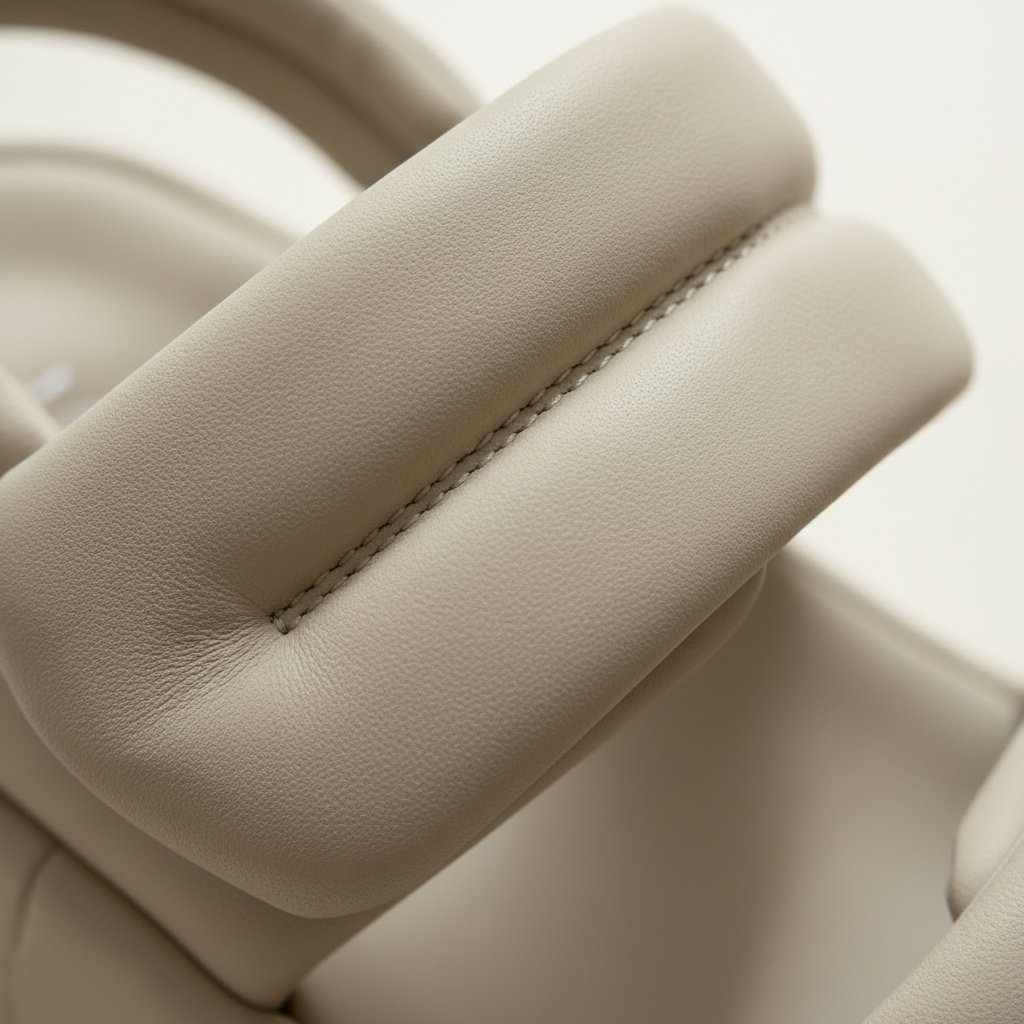 Close-up of beige leather car seat with stitching detail