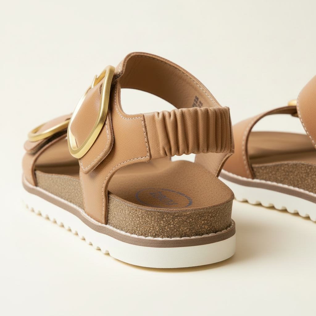 Tan sandal with gold buckle on a light beige background