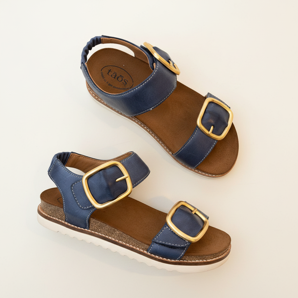 Pair of brown and blue sandals with gold buckles on a beige background