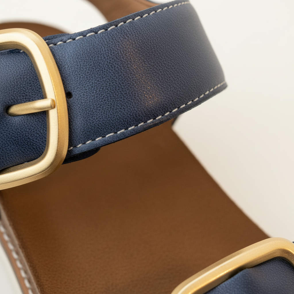 Close-up of a blue sandal with a gold buckle on a blurred background