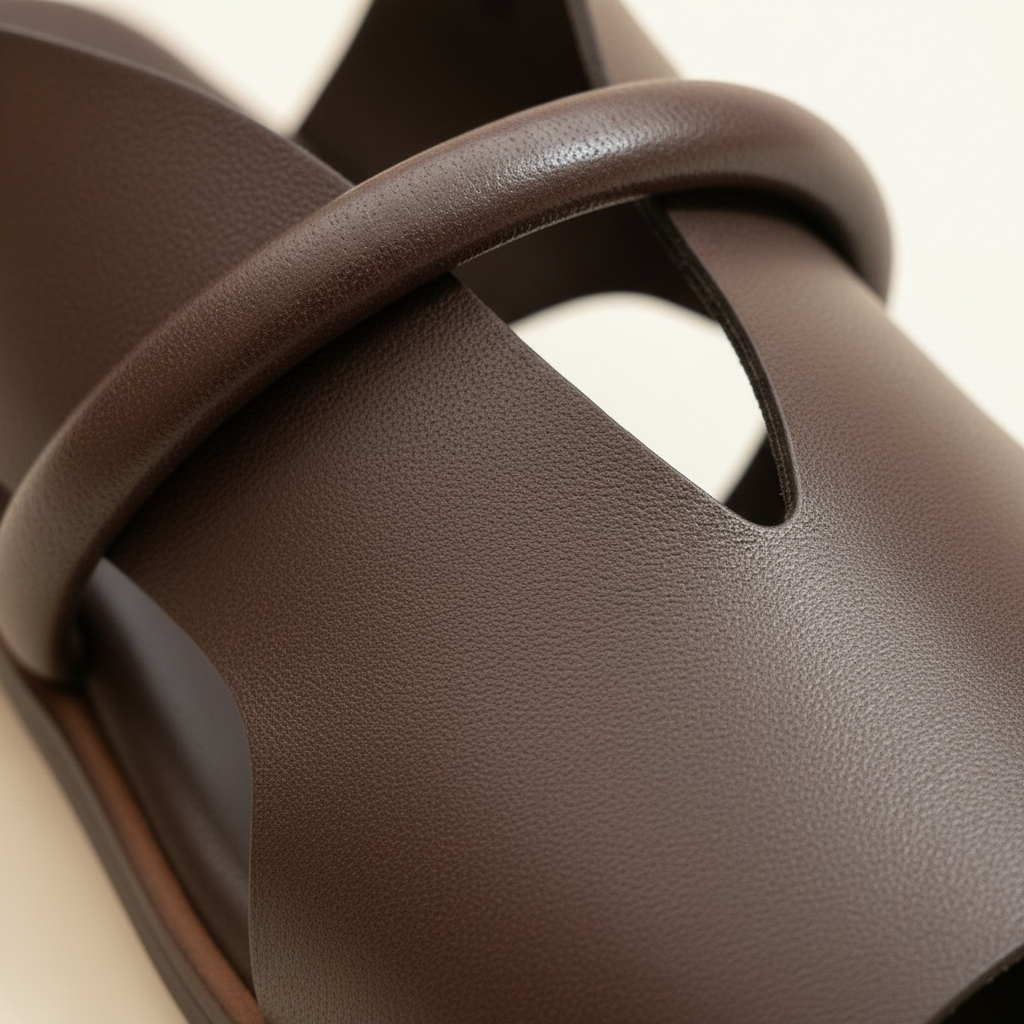 Close-up of brown leather sandal with strap detail on a white background