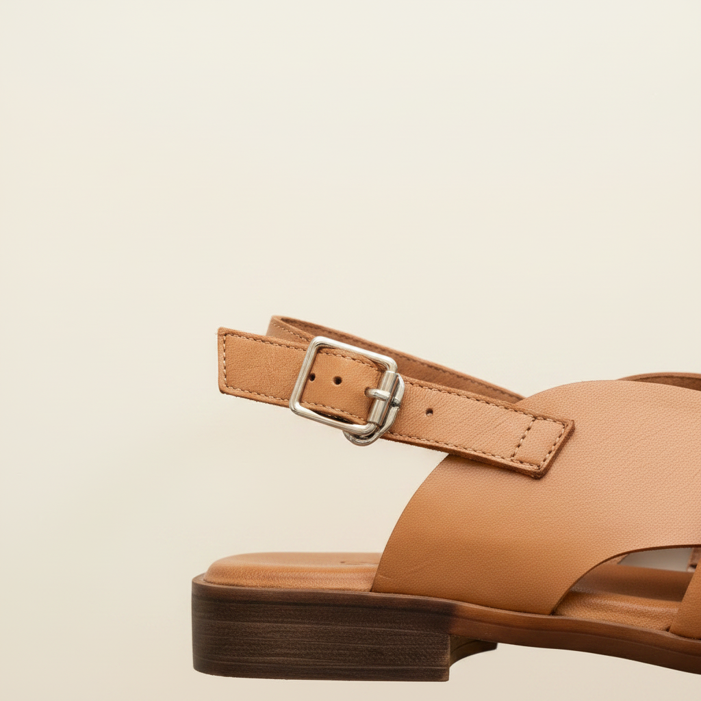 Tan sandal with a buckle on a beige background