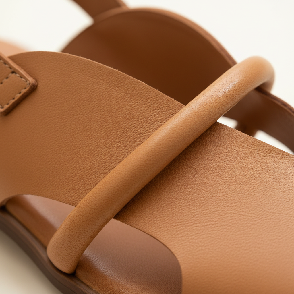 Close-up of a brown sandal with leather straps on a light background
