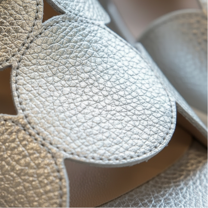 Pair of silver sandals on a light beige background