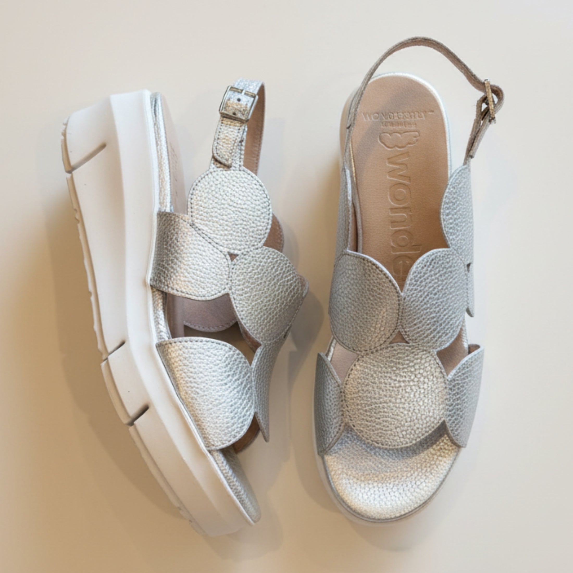 Pair of silver sandals on a beige background