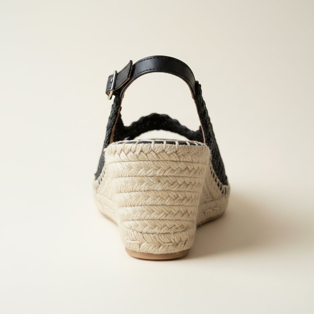 Black wedge sandal with braided sole on a light background