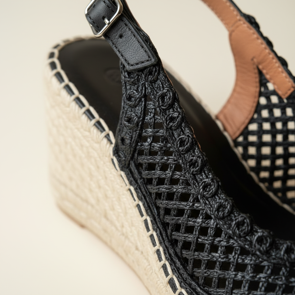 Close-up of a sandal with woven sole and black strap on a light background
